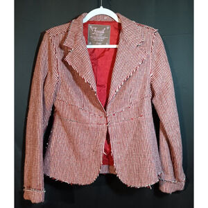 Fossil Womens Large Wool Blend Tweed Blazer Red Pink Gingham Y2K Preppy